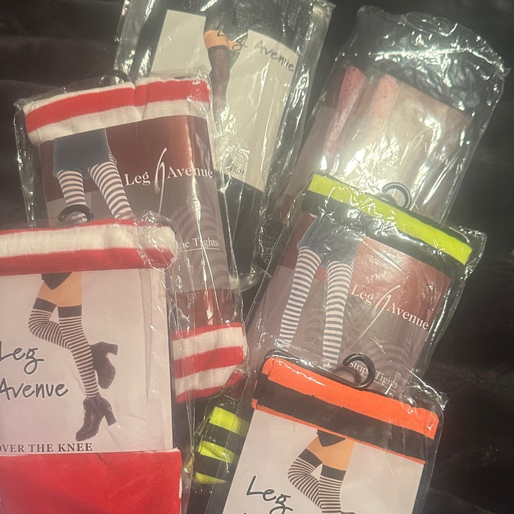 Leg Avenue women’s Striped tights &over the knee stockings Red &wht Blk&grn &org